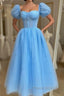 Blue Tulle Puffy Sleeve Midi Dresses