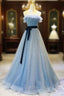 Blue Tulle Sequin Long Formal Prom Dresses A Line Tulle Blue Formal Dresses