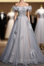 Blue Tulle Sequins Beading Flower Formal Prom Dresses