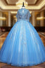 Blue Tulle Sequins Beading Quinceanera Dresses
