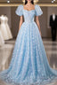 Blue Tulle Sequins Butterfly Short Sleeve Formal Prom Dresses