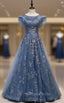 Blue Tulle Sequins Cap Sleeve Scoop Formal Prom Dresses