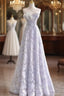 Blue Tulle Sequins Flower Formal Prom Dresses