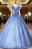 Blue Tulle Sequins Illusion V-neck Quinceanera Dresses