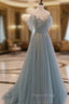 Blue Tulle Sequins Long Formal Prom Dresses, A-Line Scoop Neckline Party Dresses