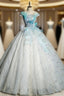 Blue Tulle Sequins Off the Shoulder Appliques Quinceanera Dresses