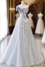 Blue Tulle Sequins Off the Shoulder Bow Formal Prom Dresses