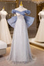Blue Tulle Sequins Off the Shoulder Bow Formal Prom Dresses