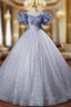 Blue Tulle Sequins Off the Shoulder Bow Quinceanera Dresses