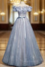 Blue Tulle Sequins Off the Shoulder Flower Beading Formal Prom Dresses
