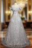 Blue Tulle Sequins Off the Shoulder Flower Formal Prom Dresses