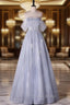 Blue tUlle Sequins Off the Shoulder Formal Prom Dresses