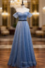 Blue Tulle Sequins Pearls Pleats Formal Prom Dresses