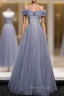 Blue Tulle Sequins Pleats Beading Formal Prom Dresses