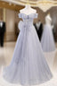 Blue Tulle Sequins Pleats Bow Formal Prom Dresses