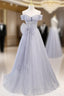 Blue Tulle Sequins Pleats Bow Formal Prom Dresses