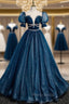 Blue Tulle Sequins Pleats Puff Sleeve Formal Prom Dresses