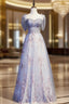 Blue Tulle Sequins Short Sleeve Beading Formal Prom Dresses