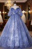 Blue Tulle Sequins Short Sleeve Quinceanera Dresses