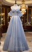 Blue Tulle Sequins Spaghetti Straps Formal Prom Dresses