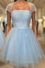 Blue Tulle Sequins Square Pearls Homecoming Dresses