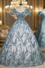 Blue Tulle Sequins Square Quinceanera Dresses