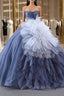 Blue Tulle Sequins Strapless Formal Prom Dresses With Detachable Puff Tulle