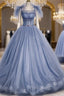 Blue Tulle Sequins Straps Pleats Formal Prom Dresses
