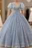 Blue Tulle Sequins V-neck Pleats Short Sleeve Quinceanera Dresses