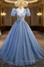 Blue Tulle Sequins V-neck Puff Sleeve Beading Sequins Formal Prom Dresses