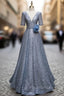 Blue Tulle Sequins V-neck Short Sleeve Beading Formal Prom Dresses