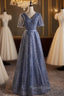 Blue Tulle Sequins V-neck Short Sleeve Formal Prom Dresses