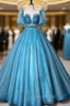 Blue Tulle Short Sleeve Backless Quinceanera Dresses
