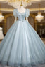 Blue Tulle Short Sleeve Flower Quinceanera Dresses