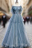 Blue Tulle Spagehtti Straps Beading Formal Prom Dresses