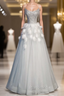 Blue Tulle Spaghetti Straps Beading Feather Formal Prom Dresses