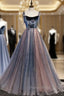 Blue Tulle Spaghetti Straps Beading Formal Prom Dresses