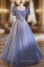 Blue Tulle Square Neck Short Sleeve Beading Flower Formal Prom Dresses