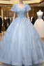 Blue Tulle Square Puff Sleeve Beading Quinceanera Dresses
