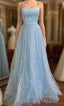 Blue Tulle Star Sequins Spaghetti Straps Formal Prom Dresses