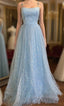 Blue Tulle Star Sequins Spaghetti Straps Formal Prom Dresses