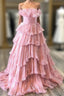 Blue Tulle Strapless Tiers Formal Prom Dresses