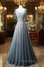 Blue Tulle Straps Beading Formal Prom Dresses