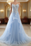 Blue Tulle Sweetheart Appliques Beading Formal Prom Dresses