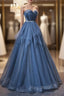 Blue Tulle Sweetheart Simple Pretty Floor Length Party Dresses, Blue A-line Evening Dresses Formal Prom Dresses