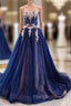 Blue Tulle Sweetheart White Appliques Formal Prom Dresses With Train