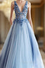 Blue Tulle V-neck Appliques Beading Formal Prom Dresses