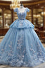 Blue Tulle V-neck Appliques Cap Sleeve Formal Prom Dresses