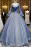 Blue Tulle V-neck Long Sleeve Pleats Quinceanera Dresses