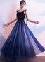 Blue Tulle With Velvet Straps Long Party Dresses, Gorgeous Formal Gown